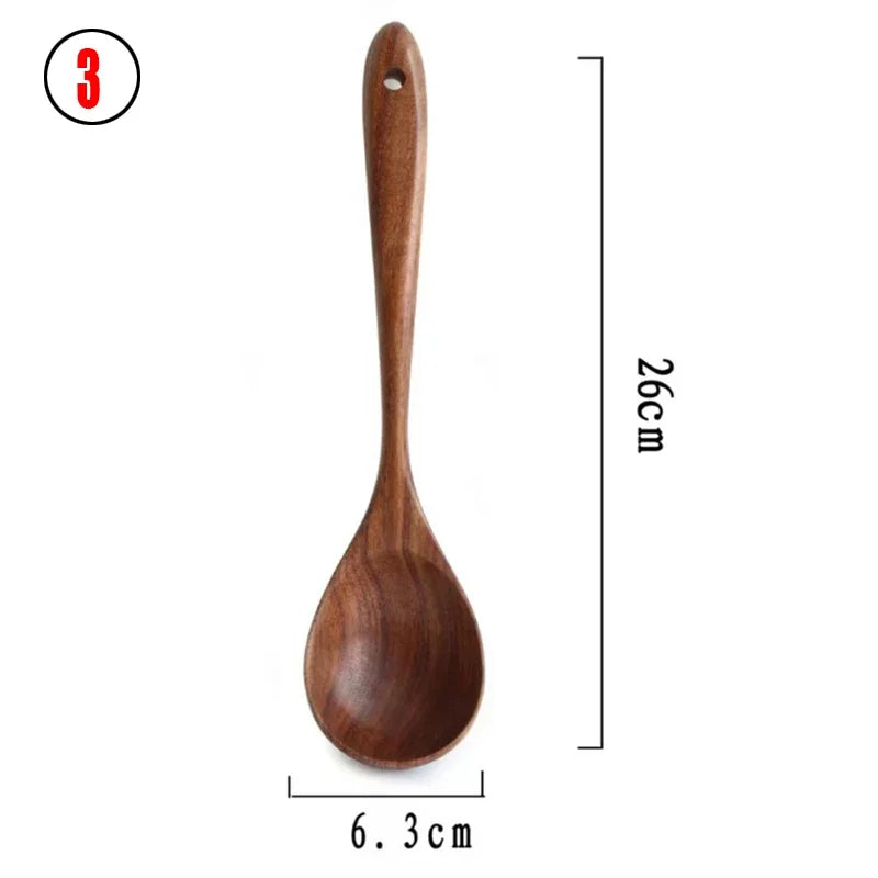7pcs/set Teak Natural Wood Tableware Spoon Ladle Turner Rice Colander Soup Skimmer Cooking Spoon Scoop Kitchen Reusable Tool Kit Peaceful Pleasures Health and Wellness 3