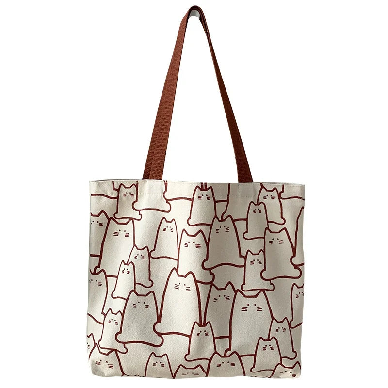 Cute Cartoon Cat Canvas Tote Bag Women Fashion Shoulder Casual