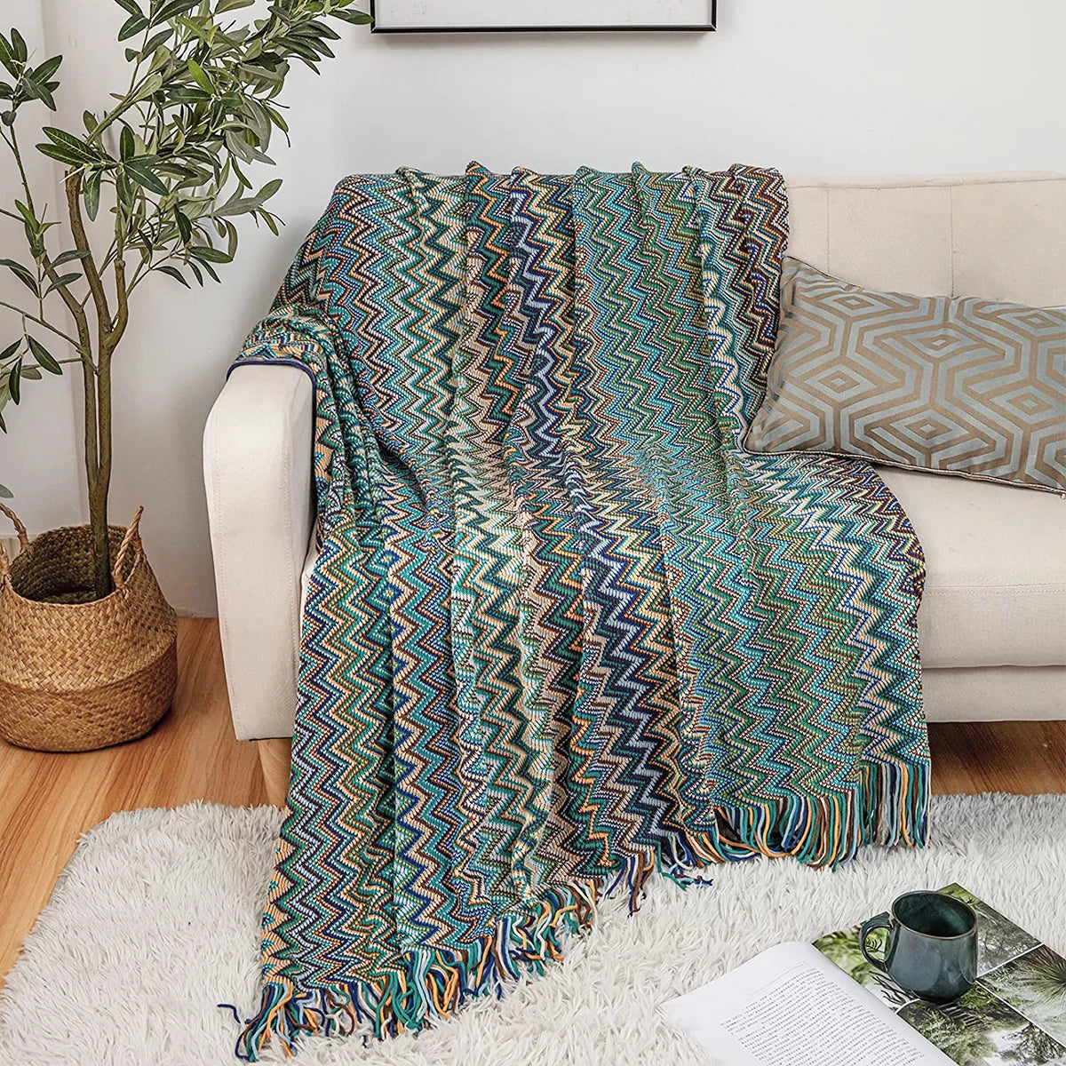 Battilo Boho Throw Blanket Lightweight Knit Throw With Tassels Bohemian woven Sofa Blankets Soft Bed Plaid Decorative Blanket Peaceful Pleasures Health and Wellness