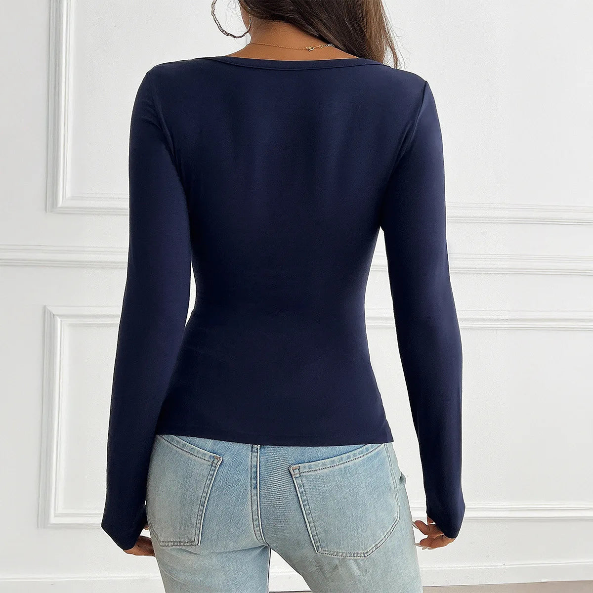 Women's Blue V-Neck Slim Fit Knit Long Sleeve Pullover Top