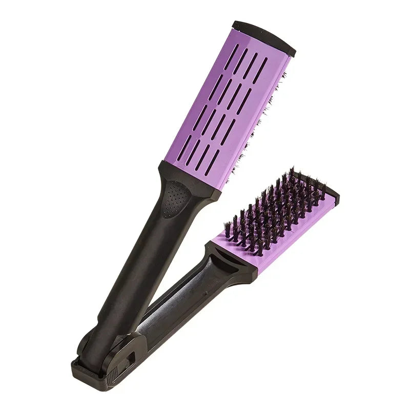 Pro Hairdressing Straightener Nylon Hair Straightening Double Brushes V Shape Comb Clamp Not Hurt Styling Tools DIY Home Peaceful Pleasures Health and Wellness Purple