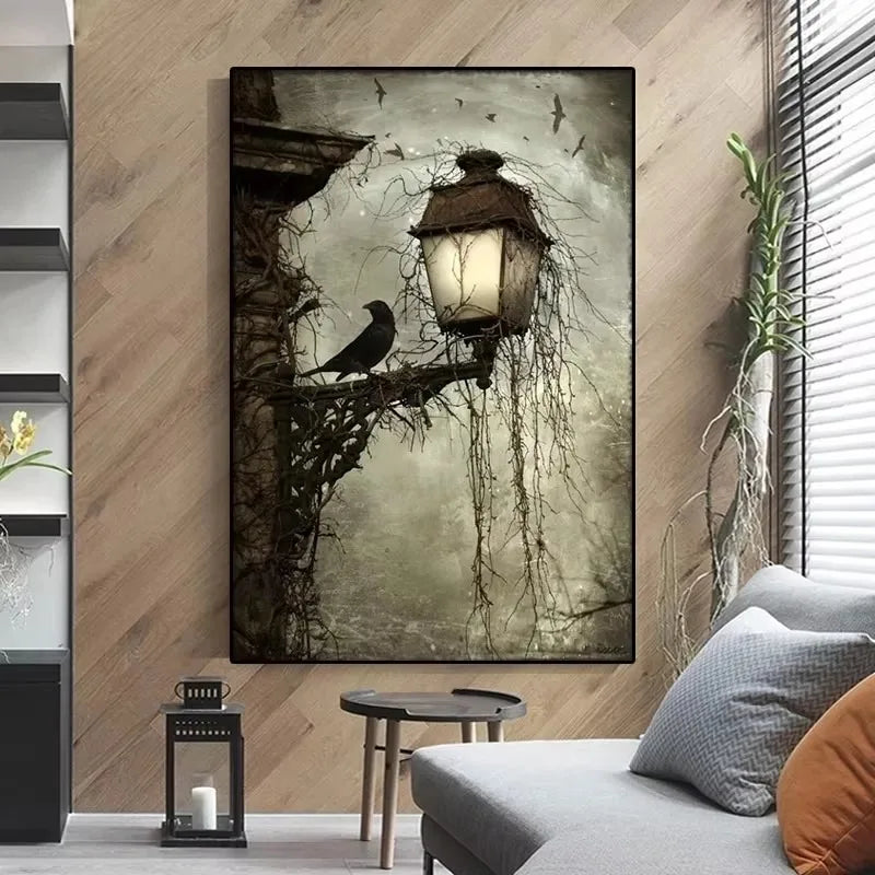 Vintage Halloween Black Crow Lamp Canvas Paintings Posters and Prints Wall Art Pictures for Living Room Wall Decoration Cuadros Peaceful Pleasures Health and Wellness