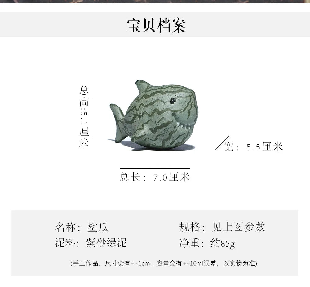 Watermelon Shark Handmade Tea Table Ornament Purple Clay Tea Pet Premium Accessory Shark Watermelon Sculpture Tea Ceremony Craft Peaceful Pleasures Health and Wellness 7X5.5X5.1CM