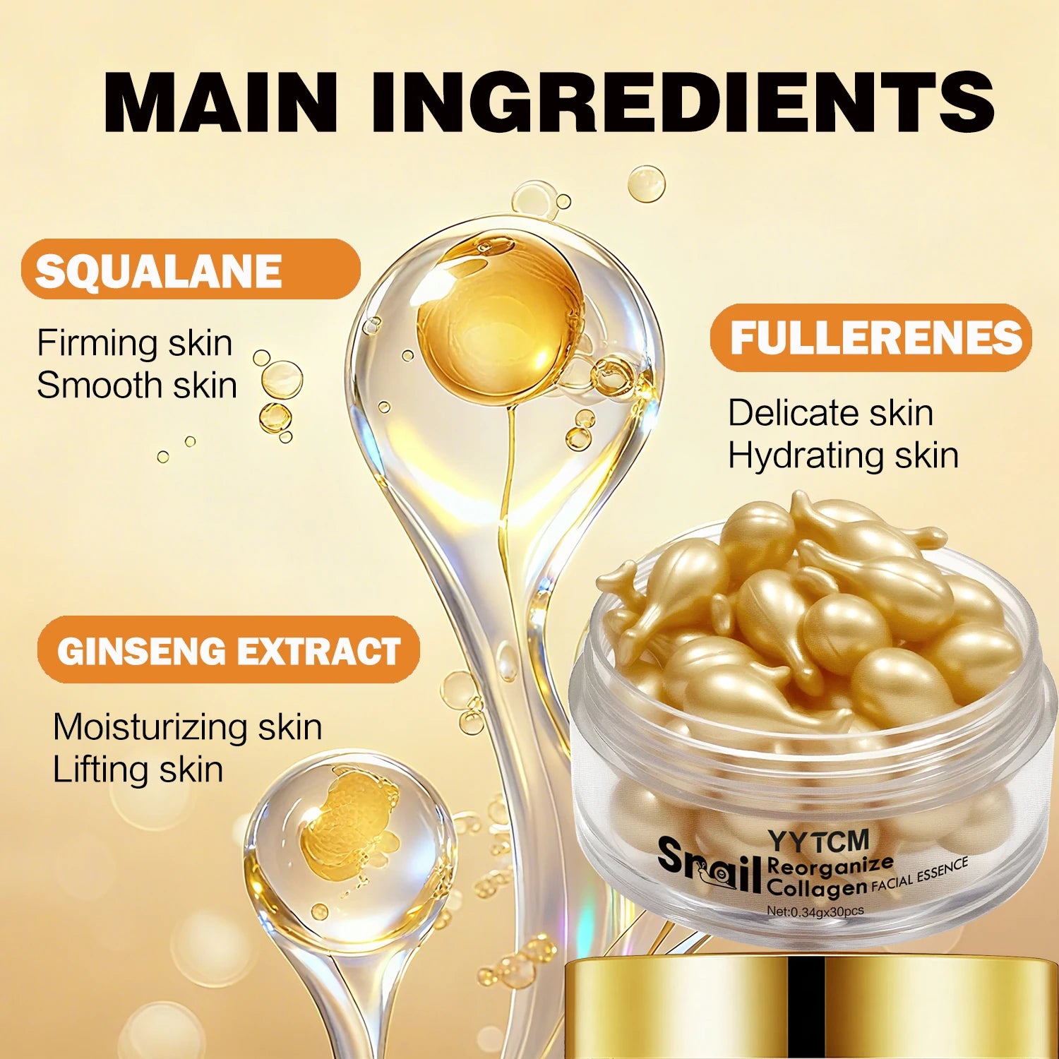 Snail Recombinant Collagen Serum Capsules – Hydrating, moisturizing, and firming essence; smooths skin. Formulated with squalane Peaceful Pleasures Health and Wellness