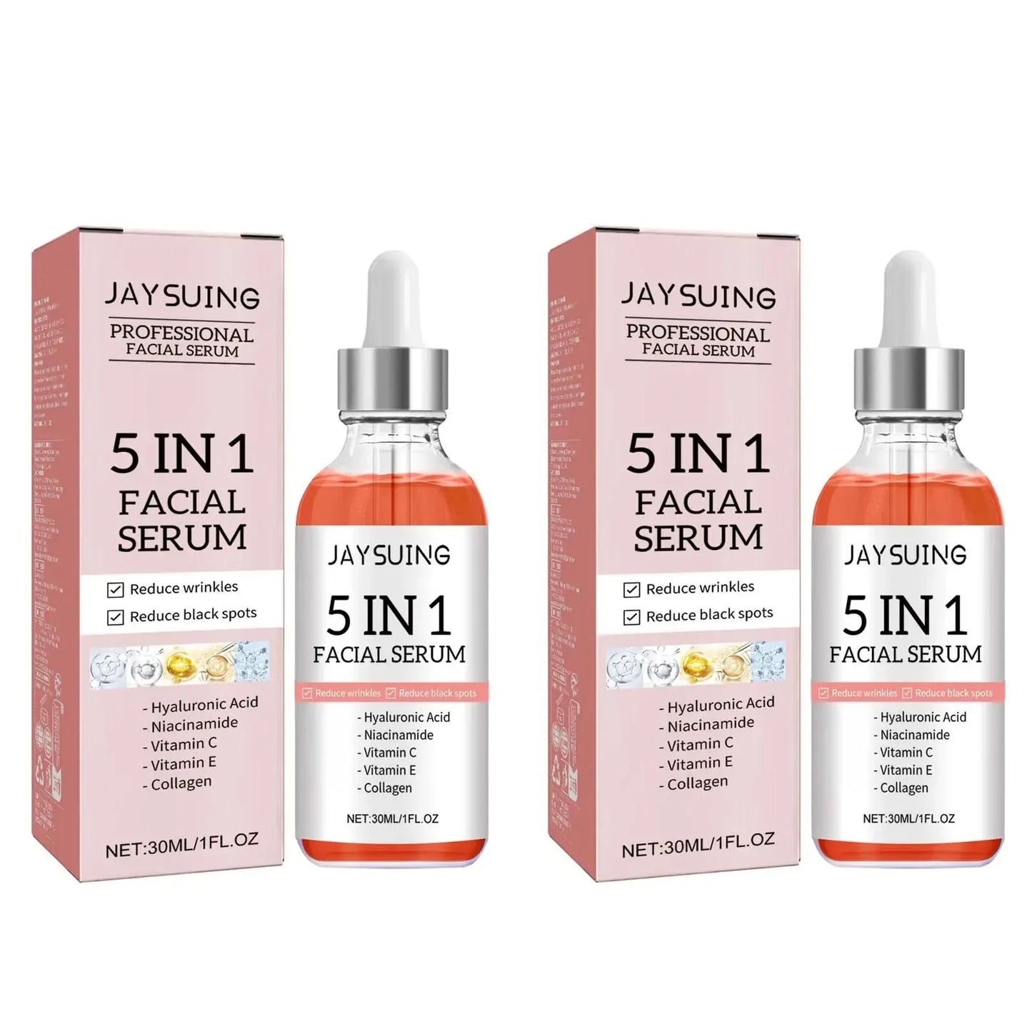 Jaysuing 5 In 1 Hyaluronic Acid Face Serum 30ml Moisturizing Vitamin C Collagen Lightning Facial Serum Shrink Pores Skin Care Peaceful Pleasures Health and Wellness 2pcs
