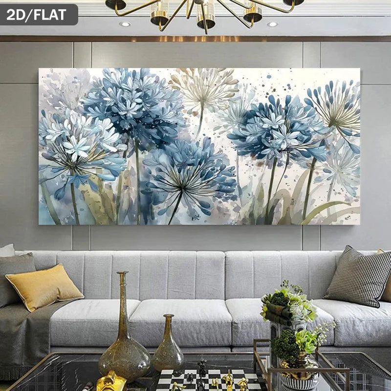 1pc Modern Blue Agapanthus Watercolor Frameless Canvas Painting Blue Flower Wall Art for Living Room, Minimalist Botanical Print Peaceful Pleasures Health and Wellness 100x200cm No Frame ZLH10462