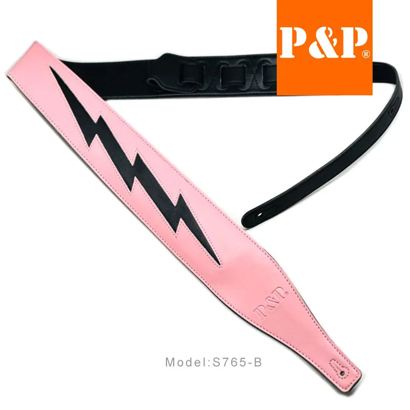 PP Guitar Strap Leather Shoulder Pads Lightning Cowhide Brown White