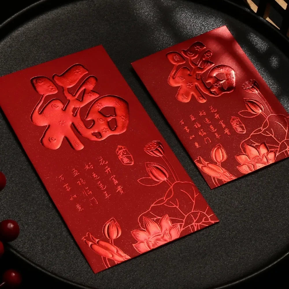 6pcs 3D Chinese New Year Red Envelope Hot Stamping Solid Red Packet Blessings Printing Thickened Lucky Money Bag Wedding Peaceful Pleasures Health and Wellness S-Style I