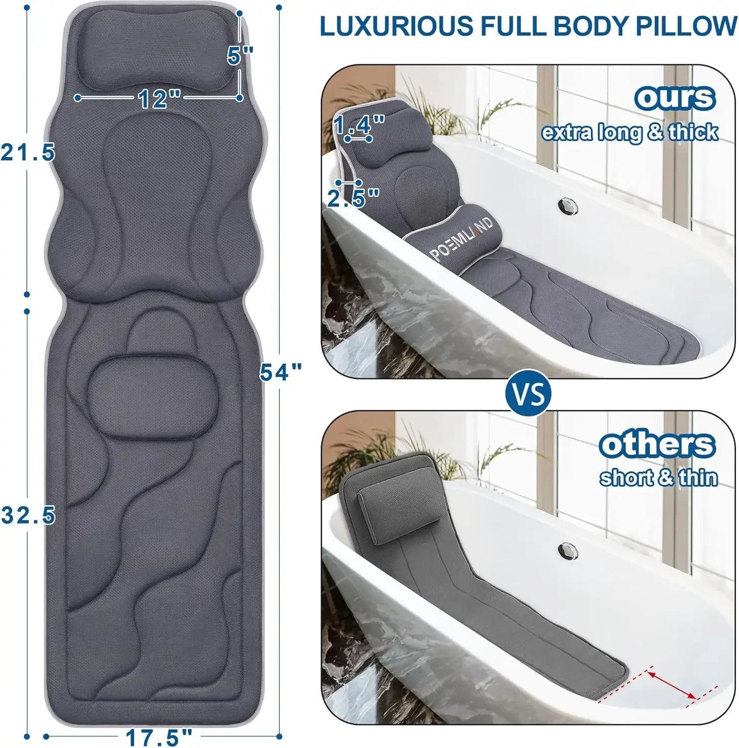 Extra Long Bath Pillow with Head, Back & Lumbar Support, 168 Suction Cups, Soft Mesh for All Tubs - Gray Peaceful Pleasures Health and Wellness