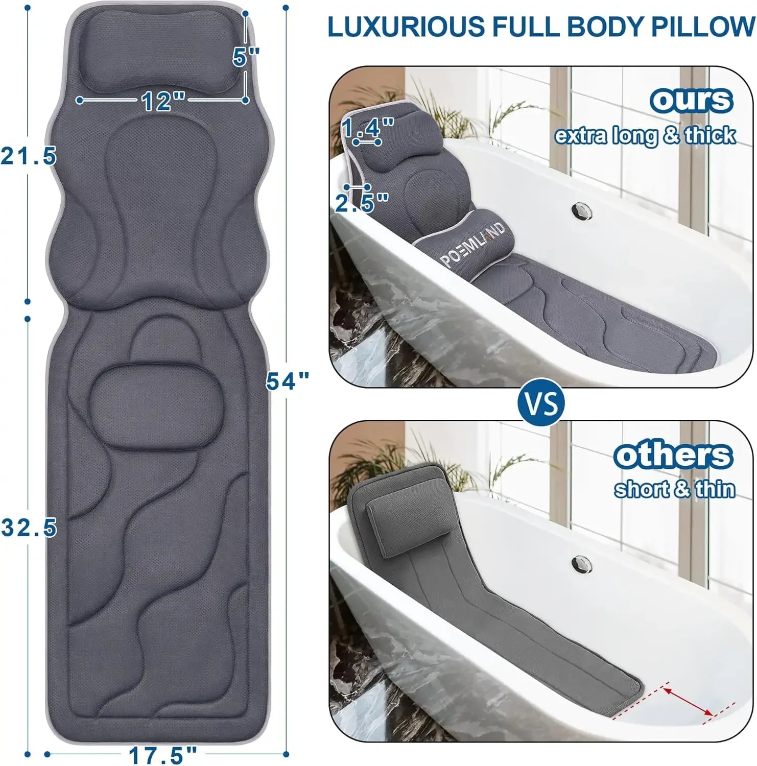 Extra Long Bath Pillow with Head, Back & Lumbar Support, 168 Suction Cups, Soft Mesh for All Tubs - Gray Peaceful Pleasures Health and Wellness