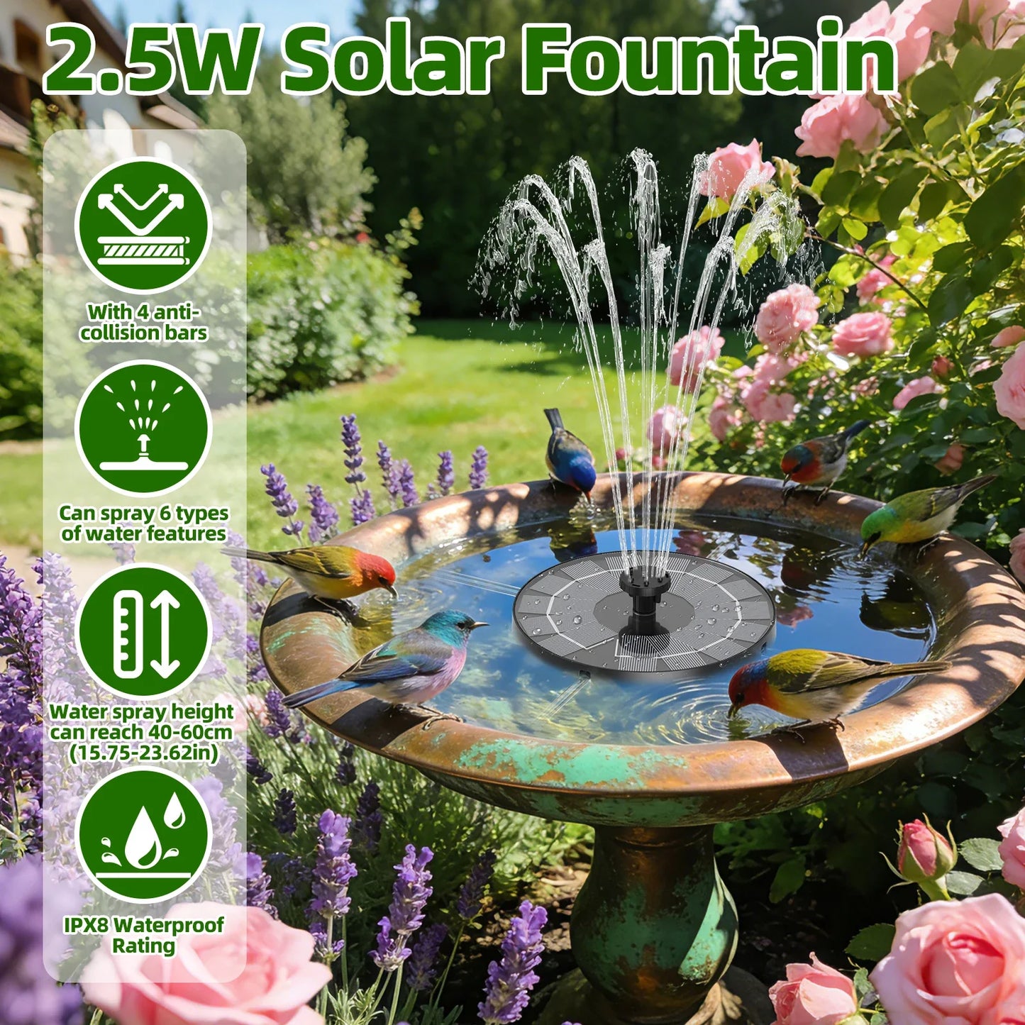 2.5W Solar Fountain Pump – 6 Nozzles for Garden, Pond & Bird Bath