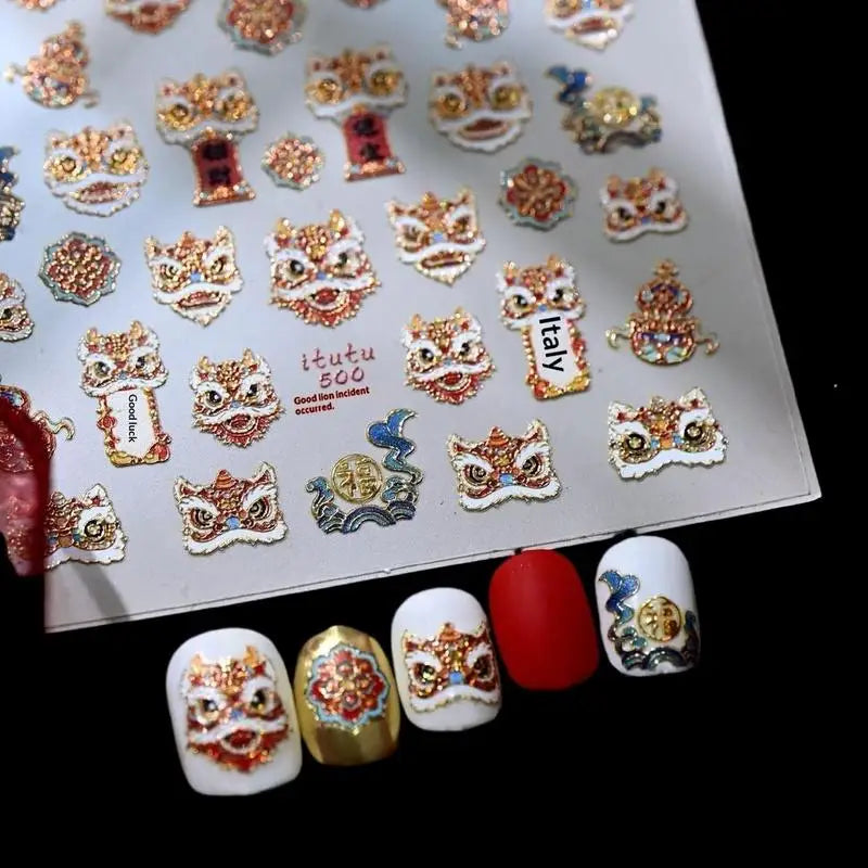 Chinese Style Paper Cuttings Horse Rich Flower Lion Dance Koi Carp Pony New Year Nail Art Stickers DIY Nail Art Decoration Decal Peaceful Pleasures Health and Wellness