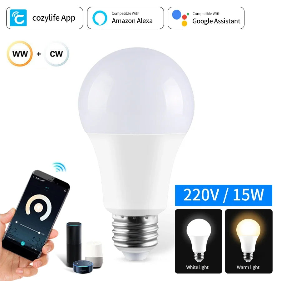 12W 15W 20W WiFi Smart LED Light Bulbs 220V 110V E27 LED Smart Alexa Lamp Cozylife APP Lampada Support Google Home Vioce Control Peaceful Pleasures Health and Wellness 220V 15W Yes