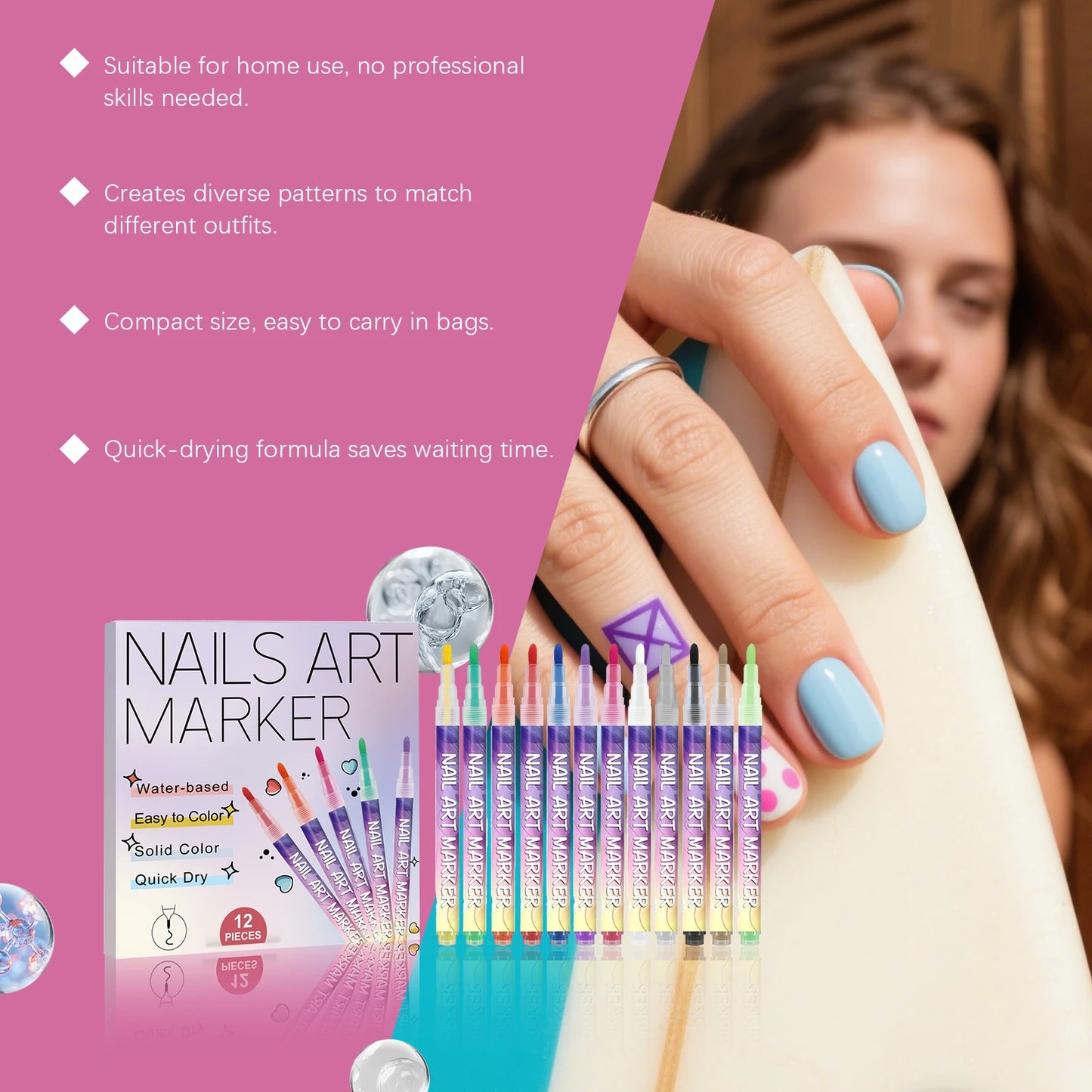 12-Color Nail Art Pens – 3D Acrylic Dotting & Graffiti Set