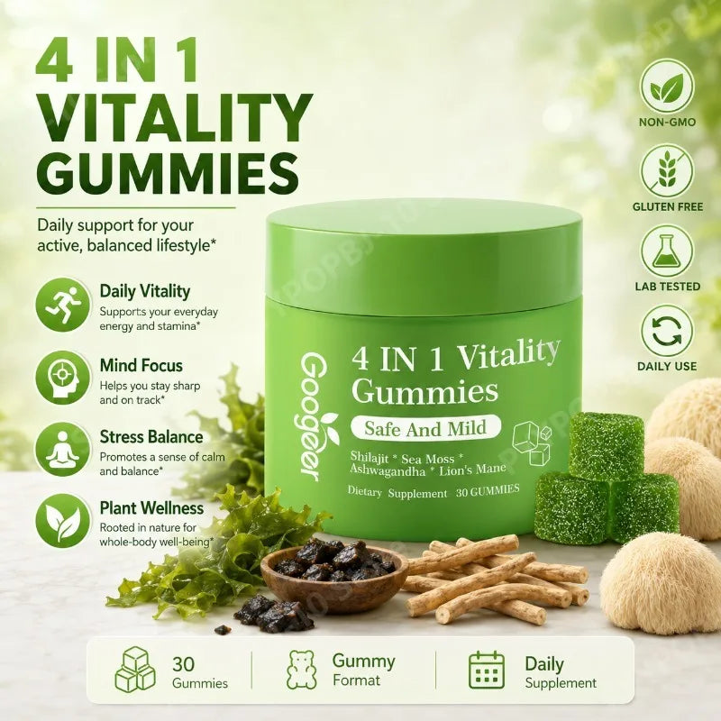 4-in-1 Vitality Gummies: Shilajit, Sea Moss, Ashwagandha & Lion's Mane