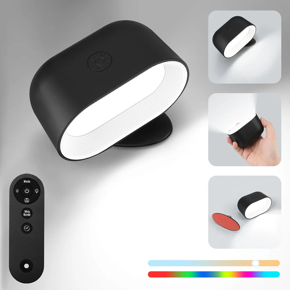 360 Degree Rotation Remote Control Wall Light Touch Night Light Bedroom Bedside Light RGB Color Changeable Dimmable Peaceful Pleasures Health and Wellness Black Cover