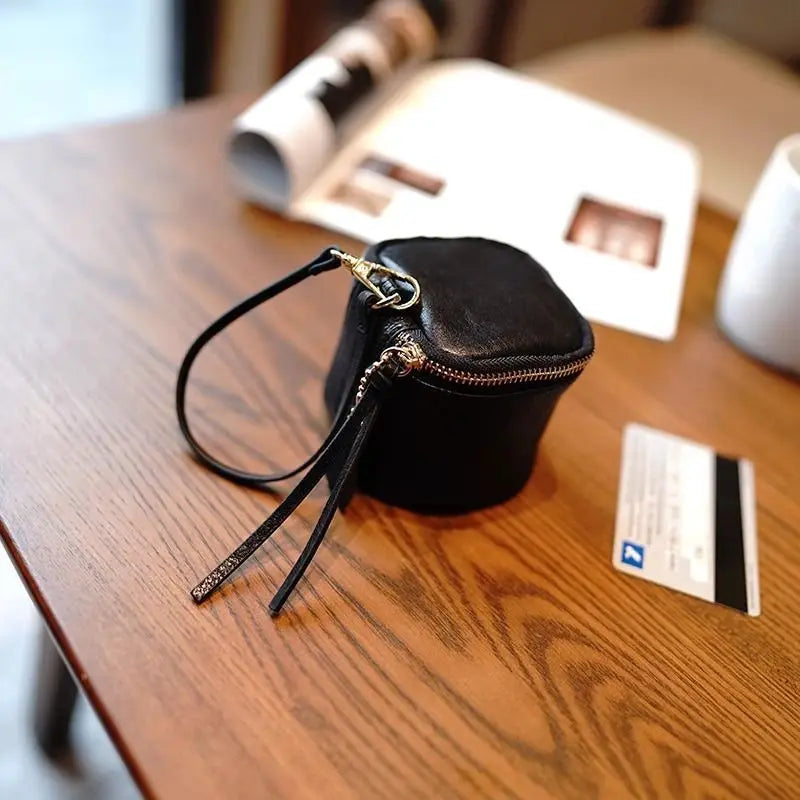 Leather Square Storage Bag Portable Hanging Zero Wallet Mini Makeup Bag Coin Holder Headphone Organizer Travel Essential Peaceful Pleasures Health and Wellness black