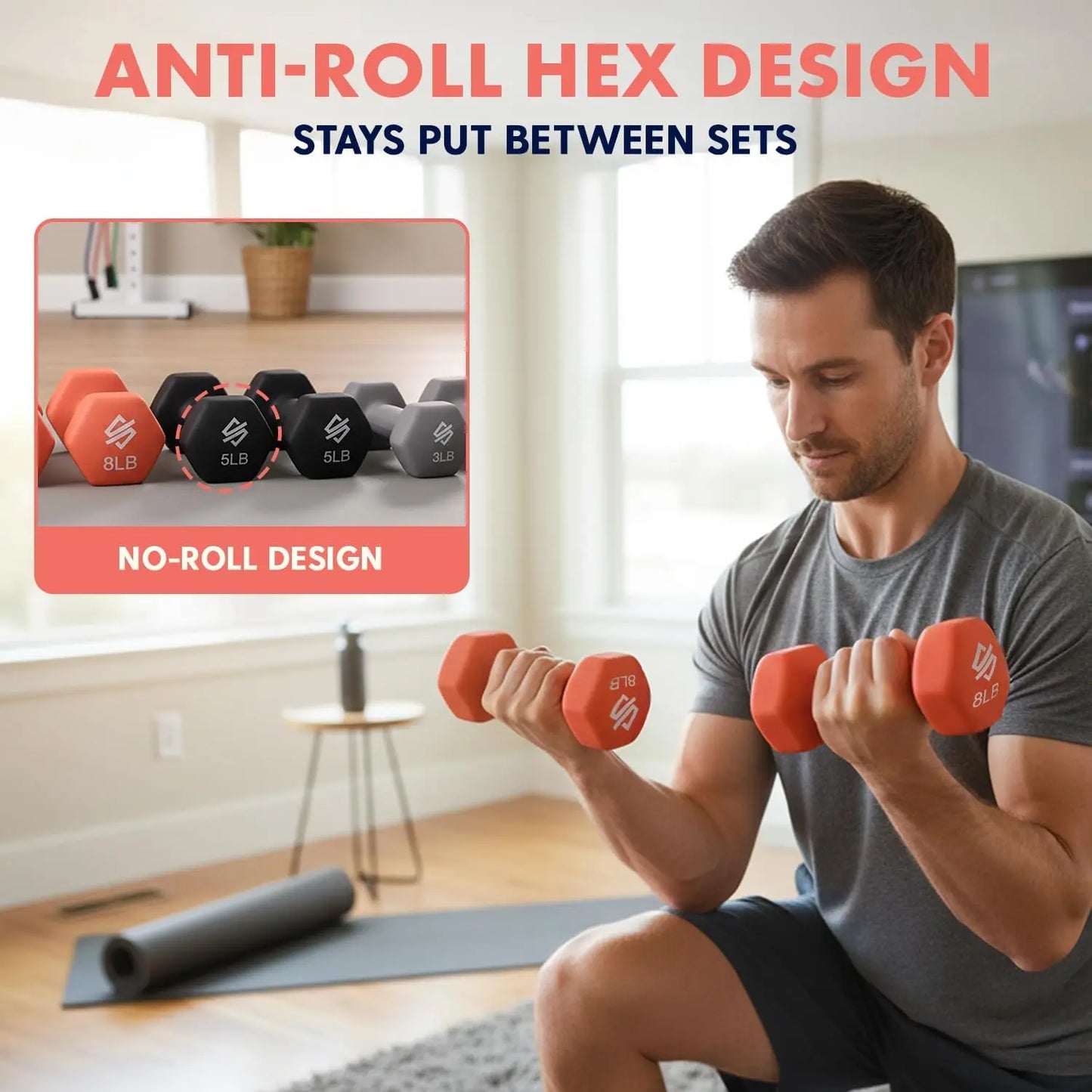 Man exercising with red dumbbells in a home gym setting, with inset showing hex design of dumbbells.