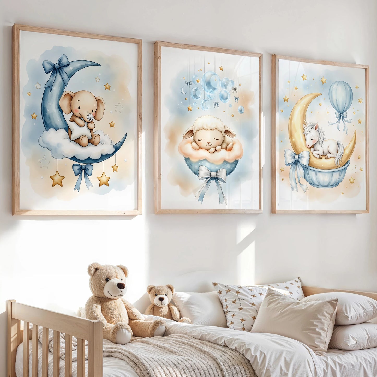 Cartoon Blue Unicorn Elephant Canvas Wall Art – Kids Room Decor