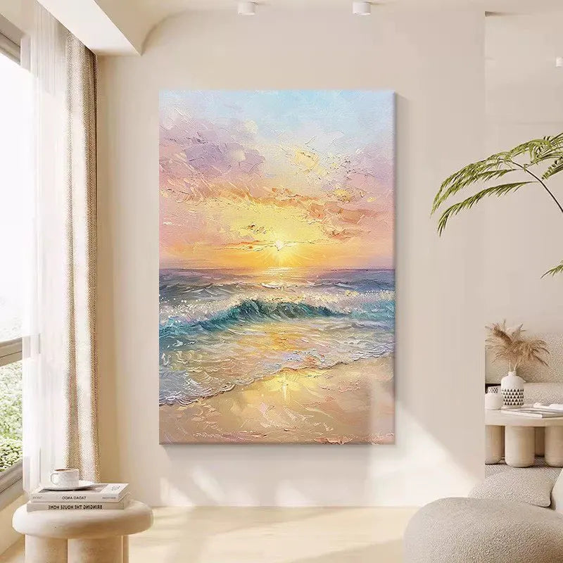 Mondern Abstract Sunrise Seaside Waves Picture For Home Wall Decor Handmade Oil Painting On Canvas Mural For Living Room Bedroom Peaceful Pleasures Health and Wellness