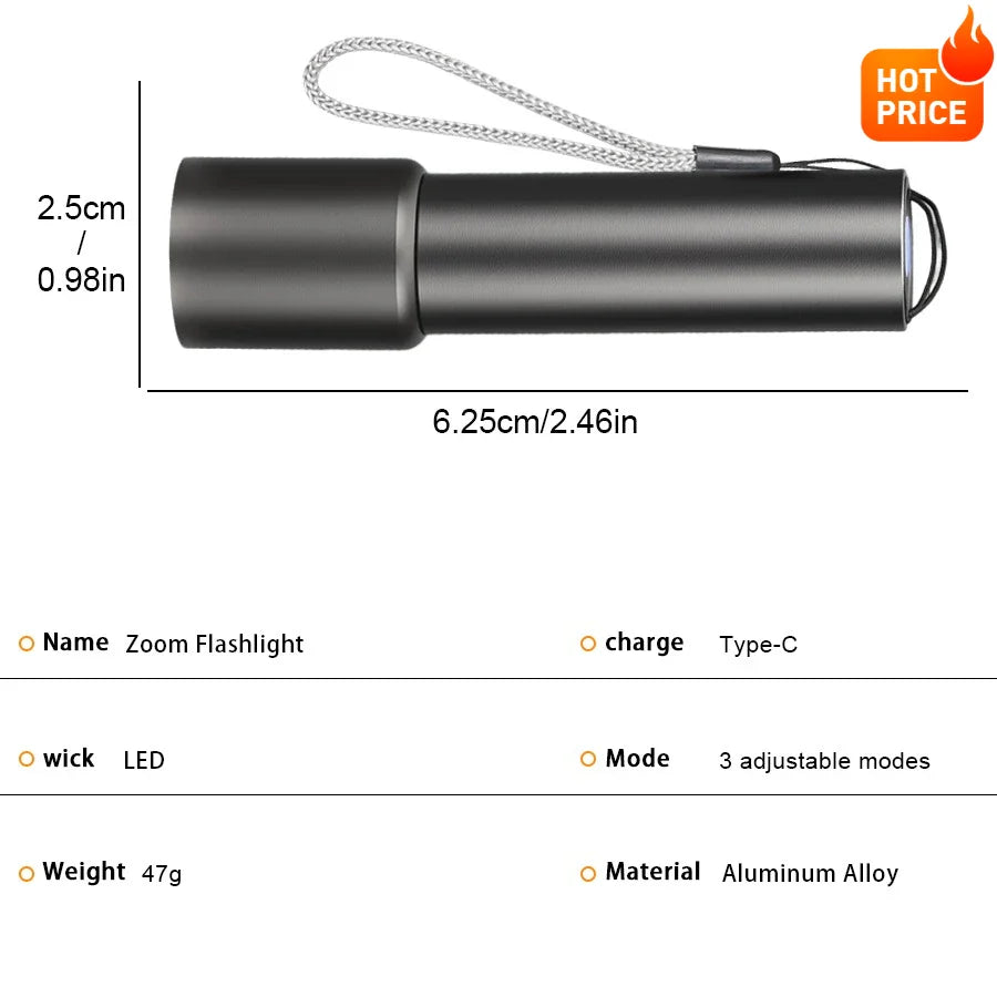 Zoomable LED Flashlight | Type-C Rechargeable, 3 Modes