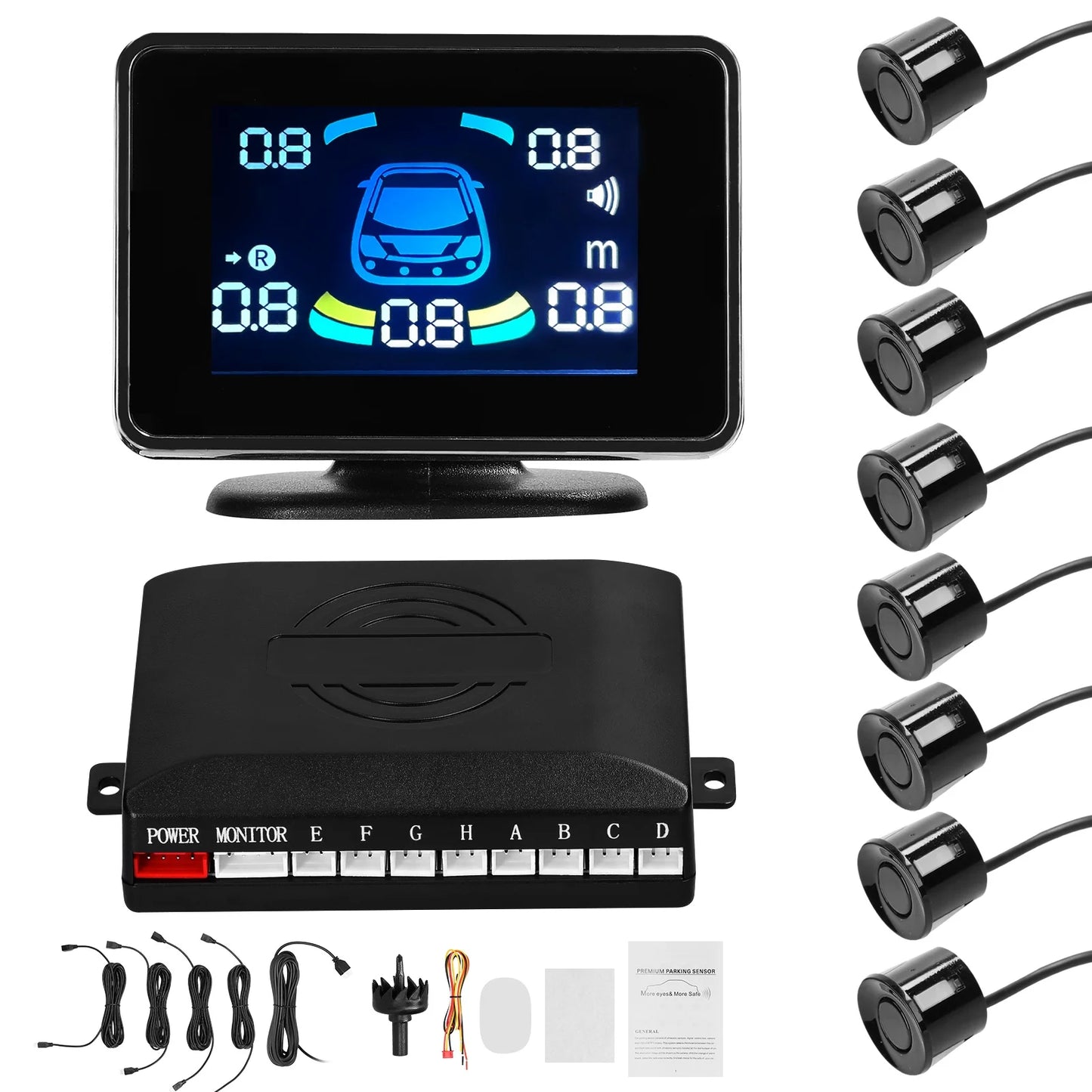 Car Parking Sensor Reversing Radars System Front & Rear Support Sound Warning/Buzzer/Mute with 8 Parking Sensors Peaceful Pleasures Health and Wellness black