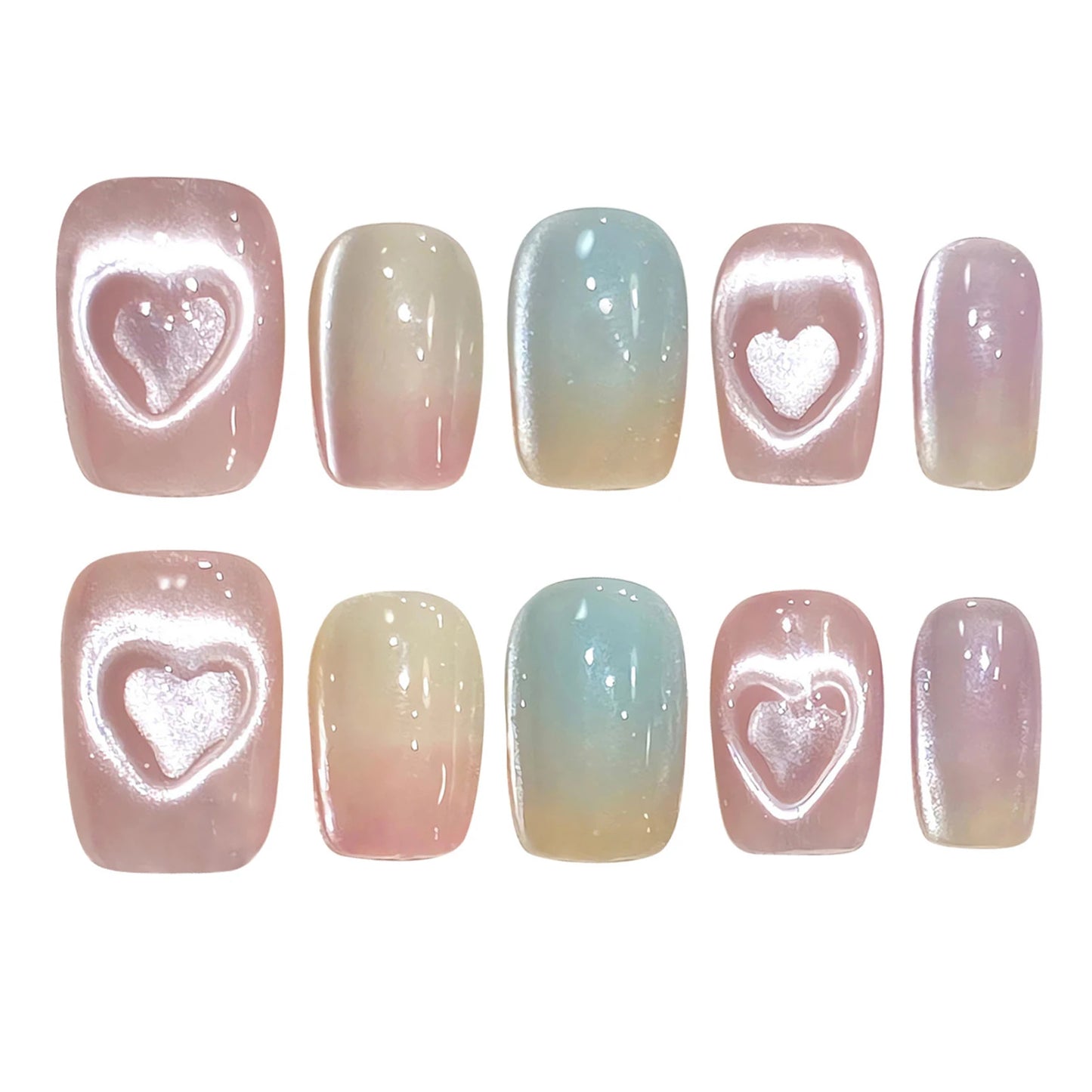 Sweet Pink Heart Cat Eye Press On Nails | Coffin Ballet Shape
