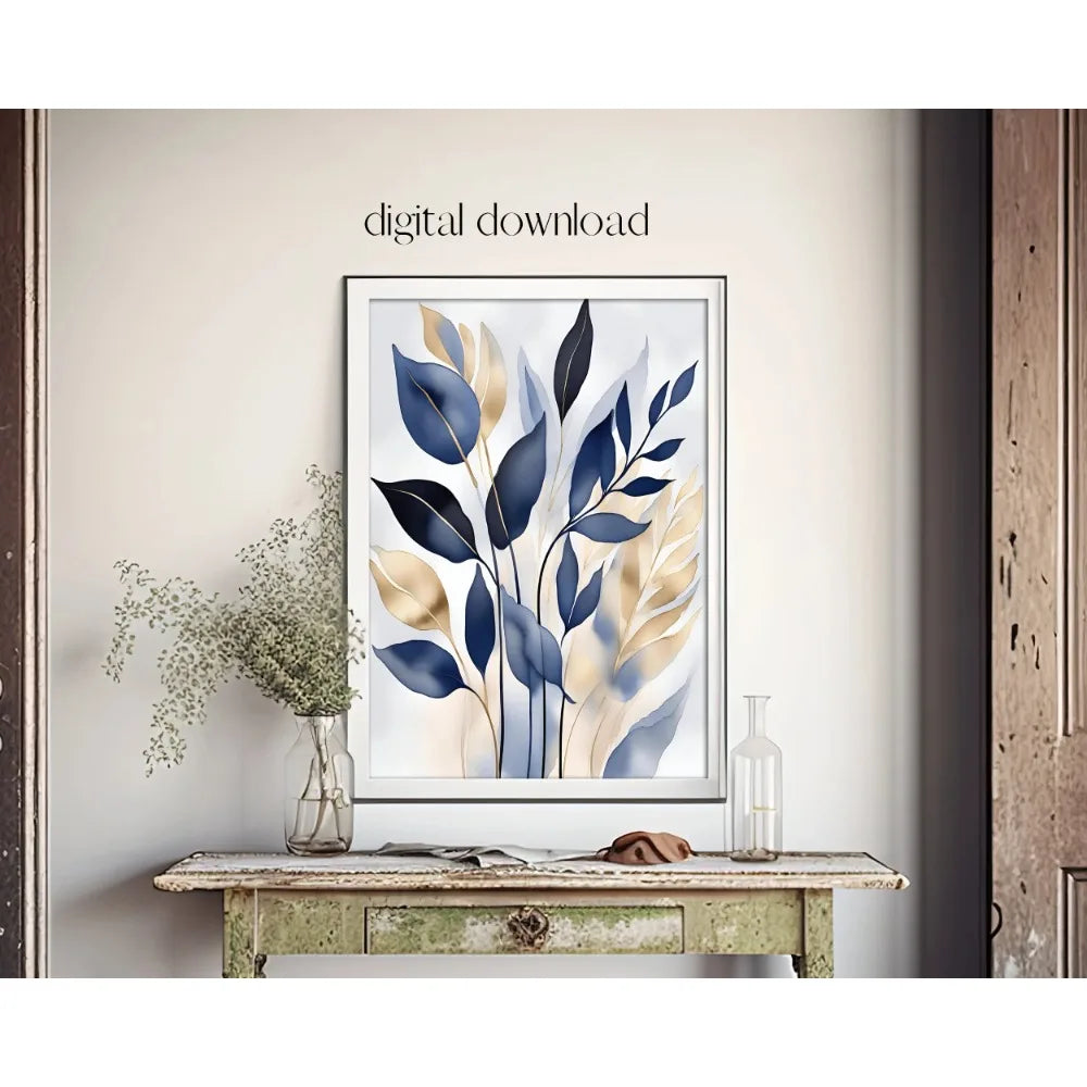 Blue Botanical Leaves Canvas Wall Art | Modern Abstract Plant Poster Canvas Wall Art Peaceful Pleasures Health and Wellness