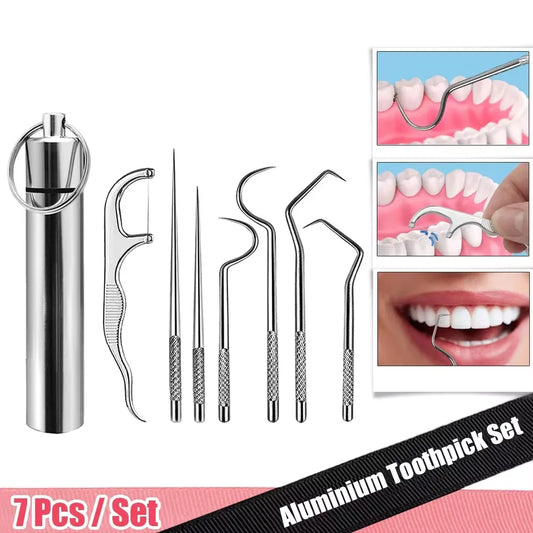 7-Piece Reusable Metal Toothpick Set | Portable Oral Cleaning Kit Dental Toothpick Set Peaceful Pleasures Health and Wellness Default Title