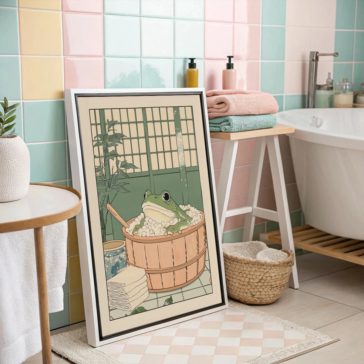 Japanese Frog in a Bathtub Vintage Canvas Wall Art | Unframed