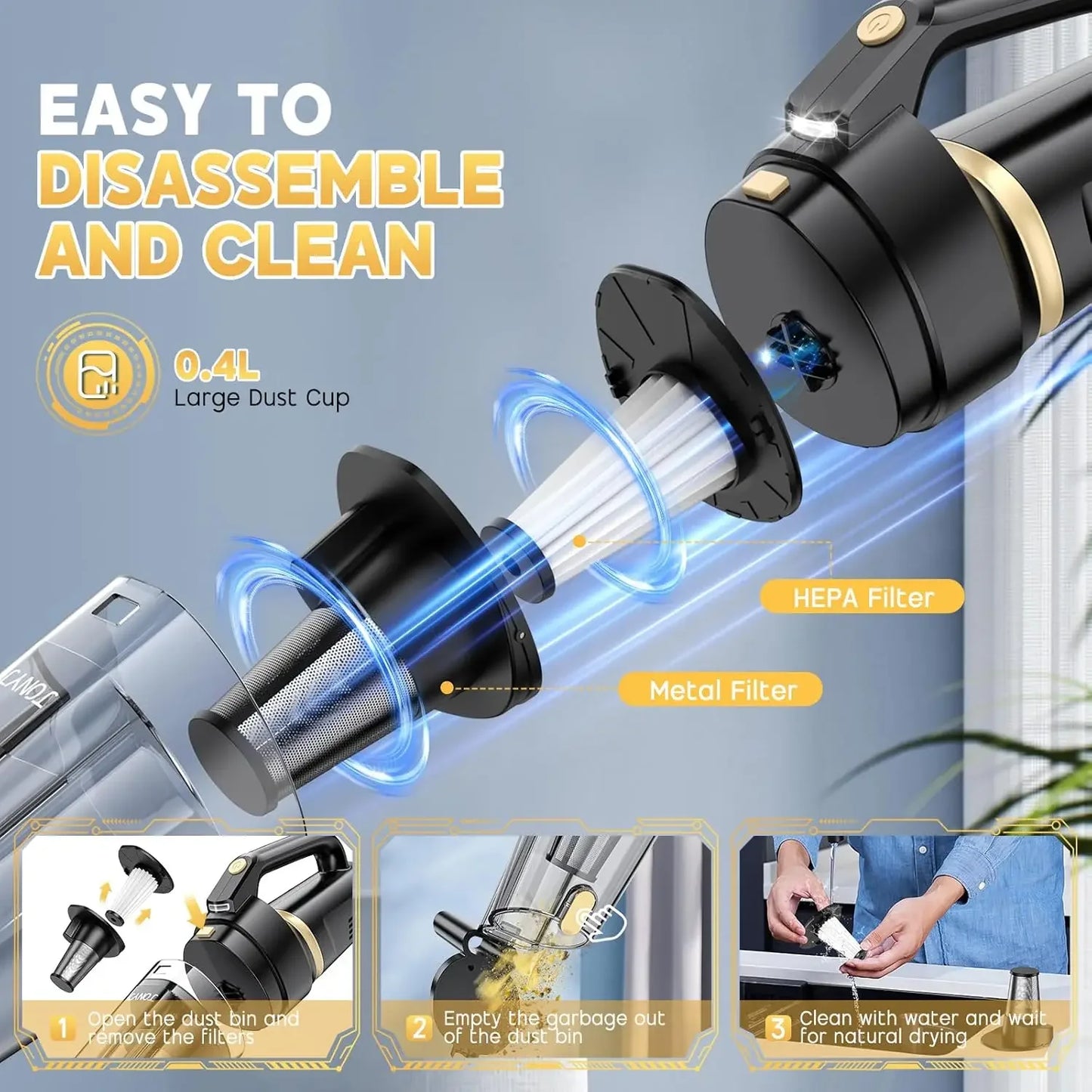 16000PA Cordless Handheld Vacuum Cleaner with LED Light Vacuum Cleaner Peaceful Pleasures Health and Wellness