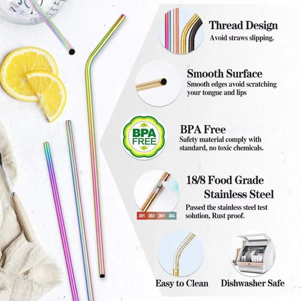 Reusable Drinking Straw 304 Stainless Steel Straws Straight Bent Metal Straw with Cleaner Brush Pouch Wholesale Peaceful Pleasures Health and Wellness