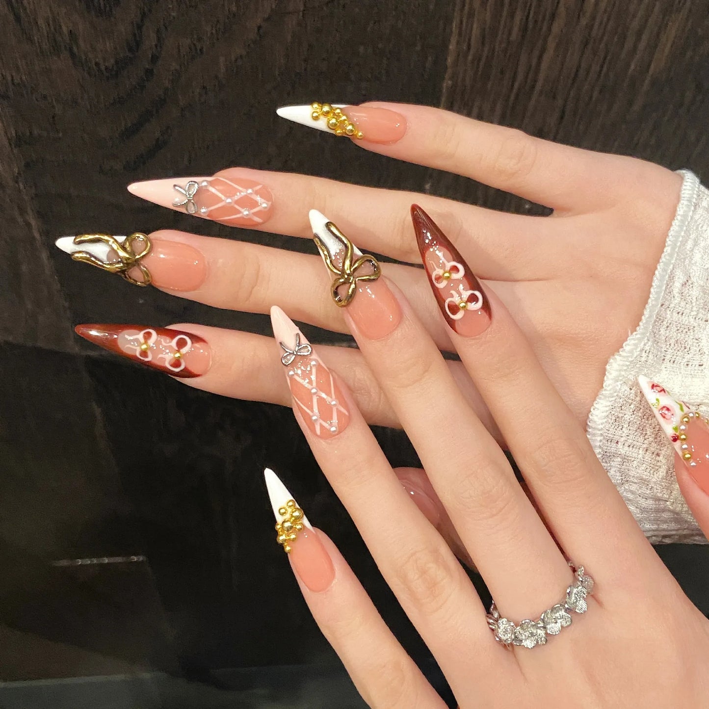 Korean 3D Gold Bow Press On Nails – Long Almond French Tips