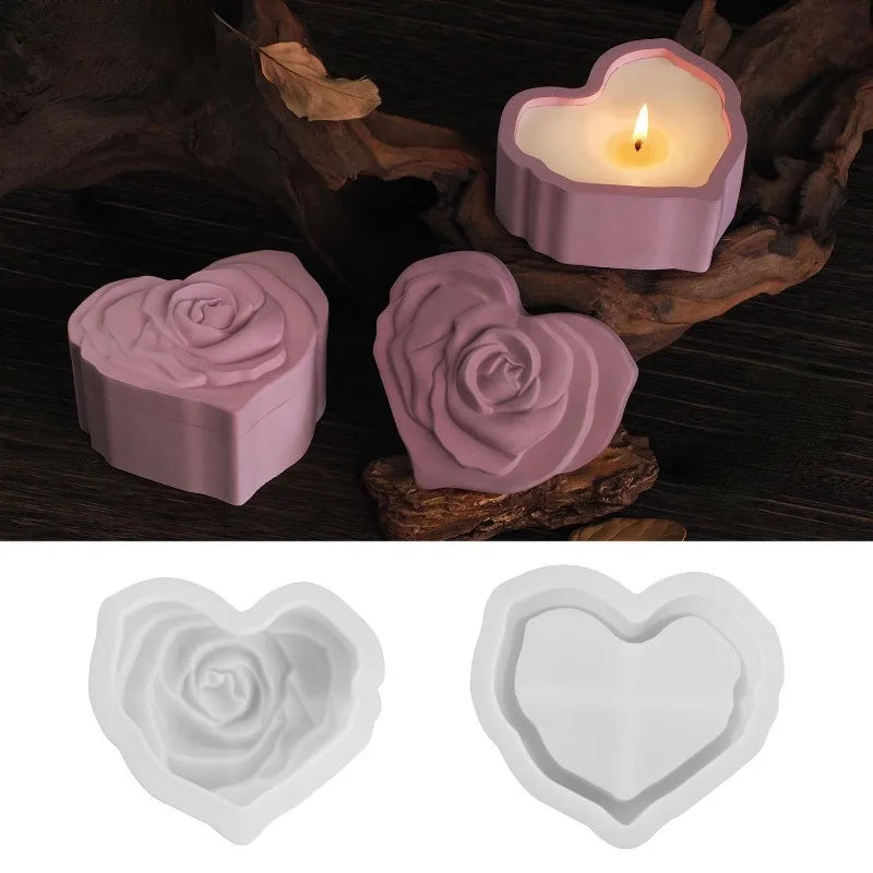 Heart Shape Rose Storage Box Silicone Mold Lid DIY 3D Carved Candle