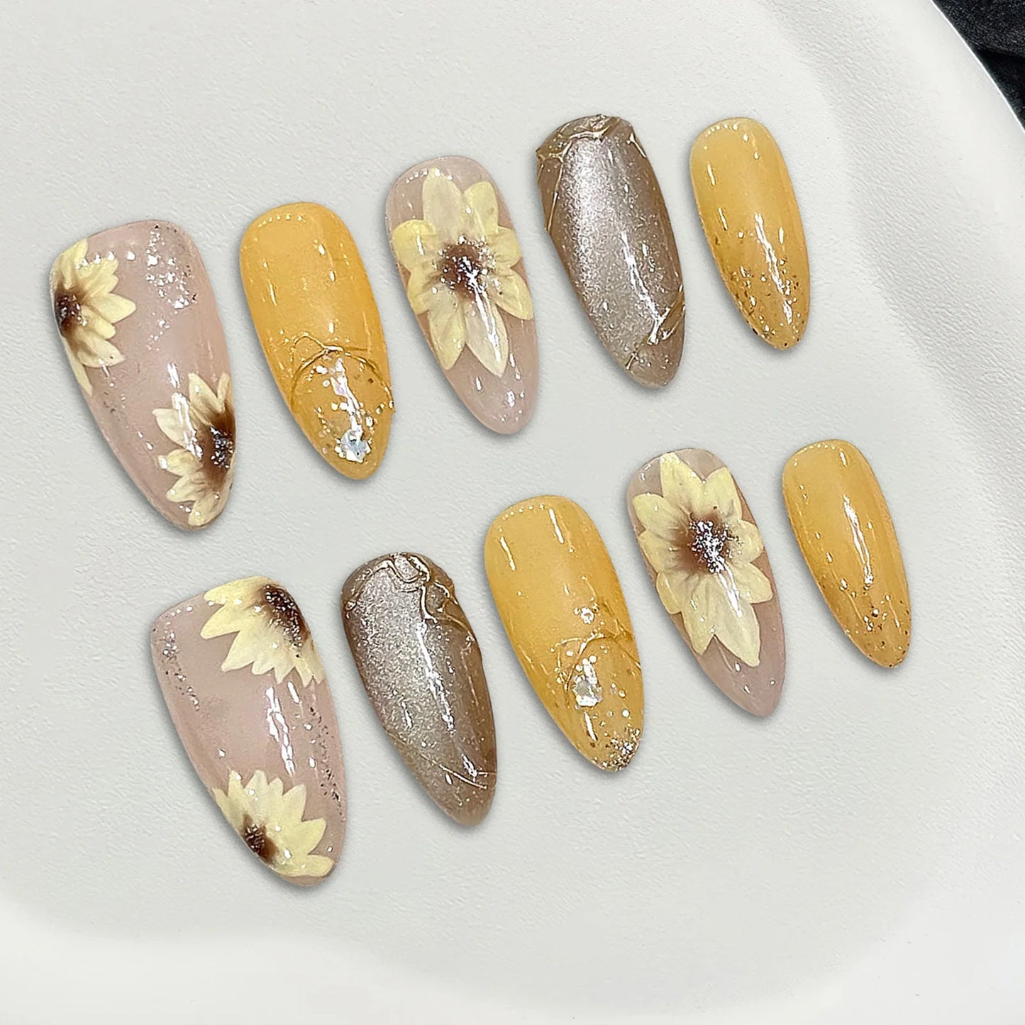 Handmade Press on Nails Shiny Cat Eyes Almond Fake Nails with Sunflower Hand-printed Glossy yellow False Nail Wearable Design Peaceful Pleasures Health and Wellness