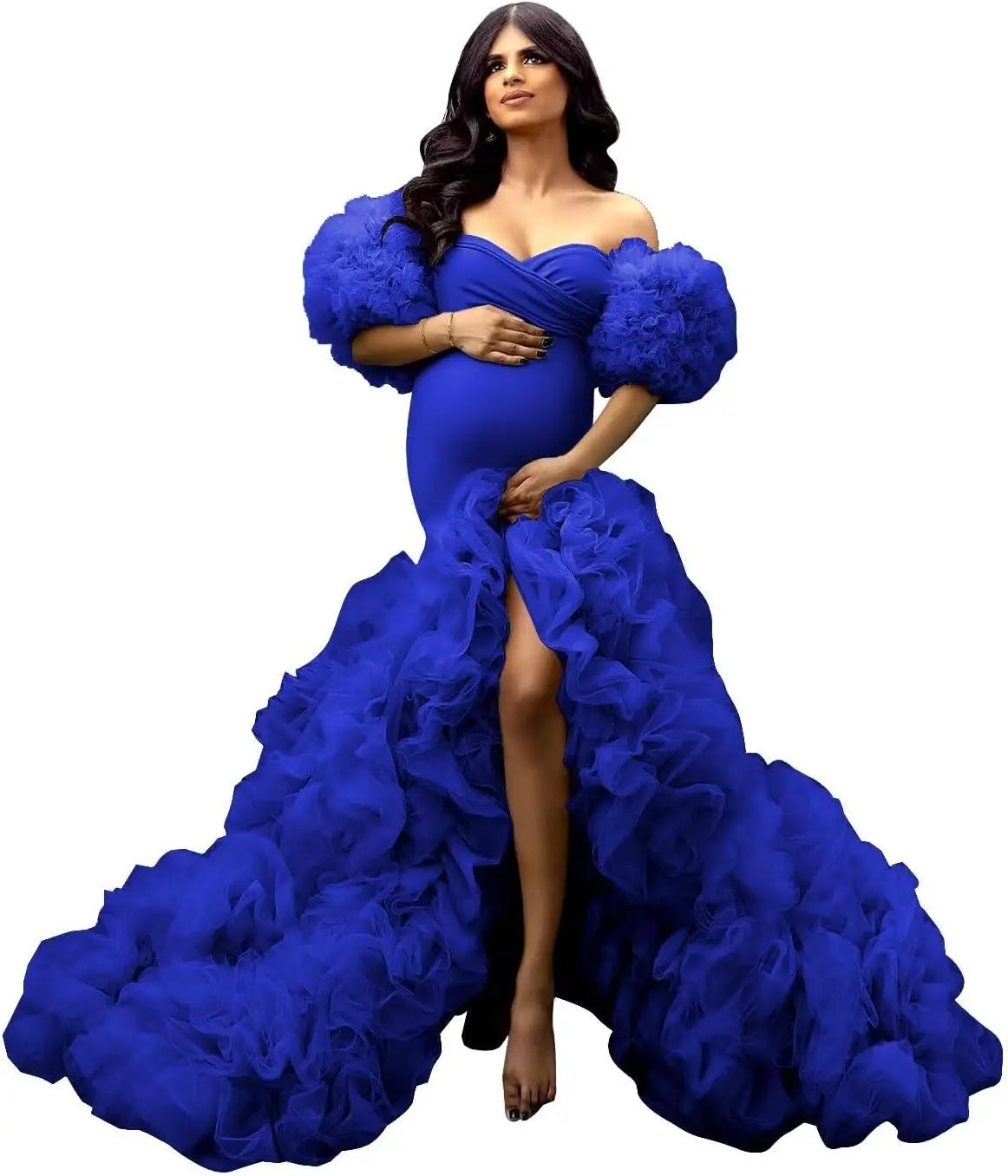 Soft Tulle Mermaid Maternity Gown - Off Shoulder Puffy Slit for Baby Shower & Pregnancy Photoshoot Dresses платье для беременных Peaceful Pleasures Health and Wellness Royal Blue US 4