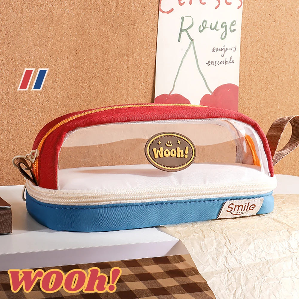 Transparent Contrasting Retro Pencil Case Student Stationery Storage