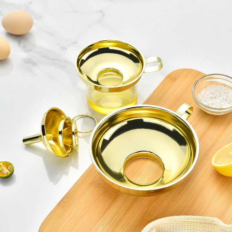 Golden wide-mouth funnel Food Grade Stainless Steel Kitchen Small Mini Metal Gold Food Funnel for Filling Bottles Kitchen Use Peaceful Pleasures Health and Wellness