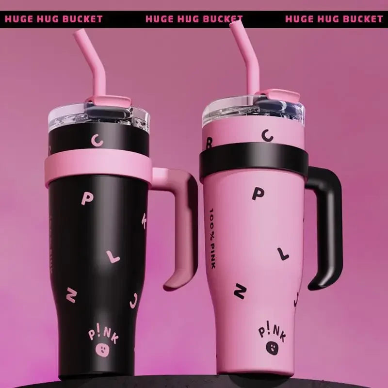 High Appearance 304 Stainless Steel Giant Thermos Cup with Large Capacity with Handle and Straw Ice Cream Cup Car Water Cup Peaceful Pleasures Health and Wellness