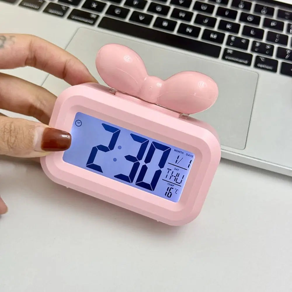 Cute Bowknot LED Digital Clock Temperature Detection Mini Alarm Clock with Night Light Gift Desktop Clock Bedside Decoration Peaceful Pleasures Health and Wellness