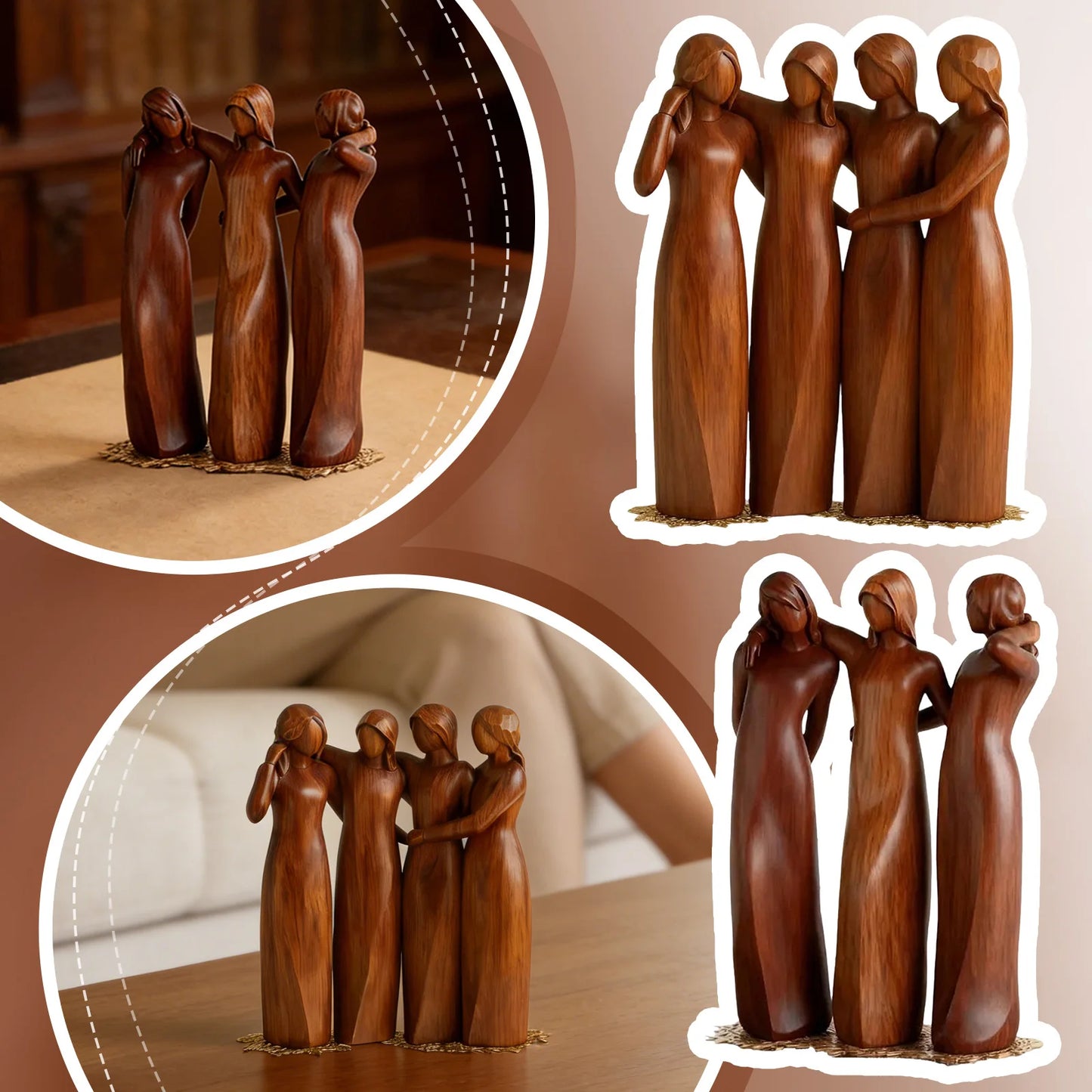 Four Sisters Heart Resin Figurine | Wood-Carved Style Decor