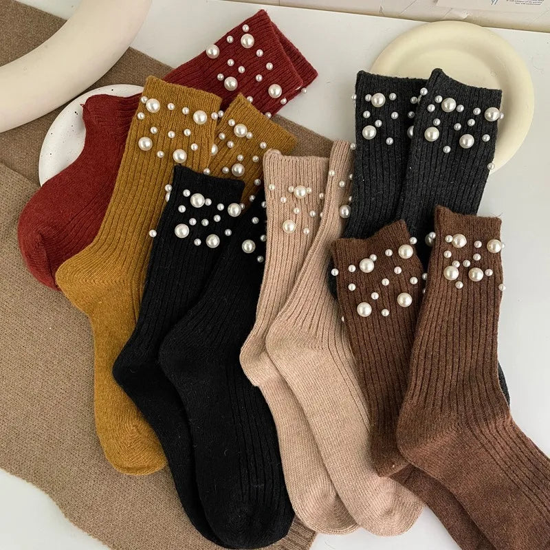 1 Pair of Women's Fashionable Pearl Decorative Socks, Cute Princess Style Mid Calf Korean Style Socks, Clothing Accessories Peaceful Pleasures Health and Wellness