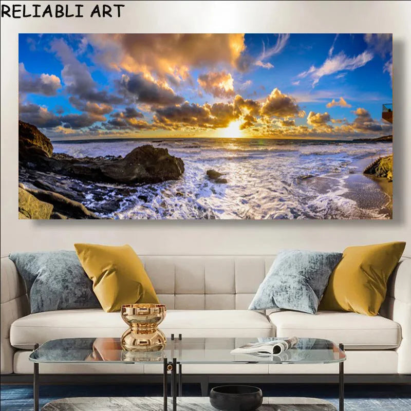 Modern Large Size Landscape Poster Wall Art Canvas Painting Sunset Beach Picture For Living Room Bedroom Home Decor No Frame Peaceful Pleasures Health and Wellness x sea 111-2 50x100cm