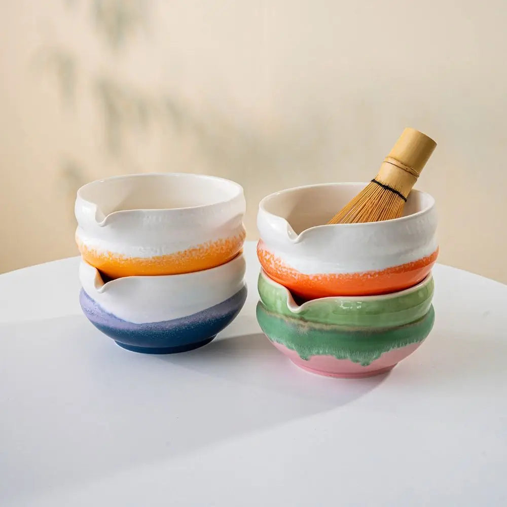 Ceramic Matcha Bowl with Pouring Spout & Whisk Holder Set