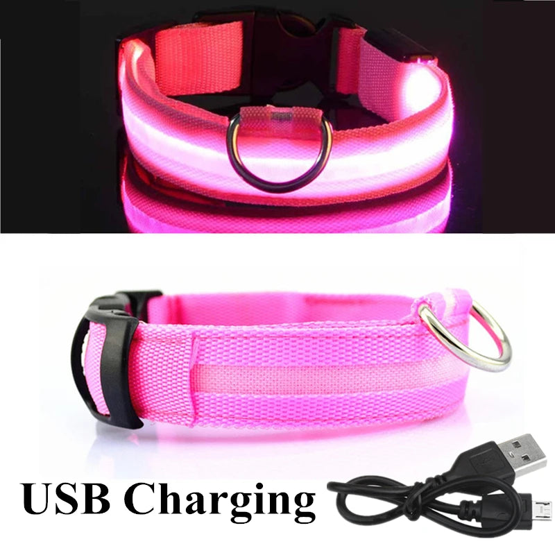 Colorful USB Rechargeable Pet Dog LED Glowing Collar Luminous Flashing Necklace Outdoor Walking Night Safety Supplies DC05 Peaceful Pleasures Health and Wellness Pink USB S(35-43cm)