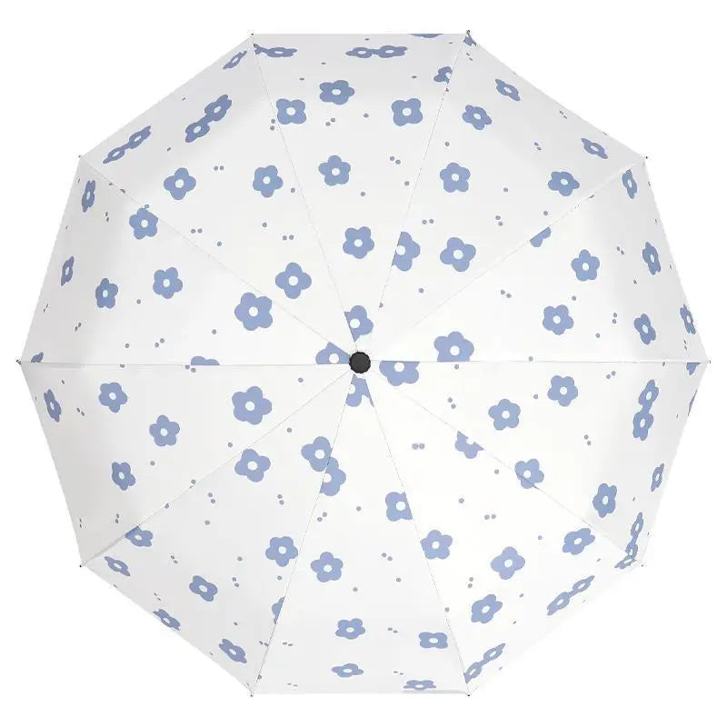Automatic Folding Umbrella Pastoral Flower Pattern Black Coated Sun Protection Three Fold Rain and Sun Dual Use Parasol Peaceful Pleasures Health and Wellness