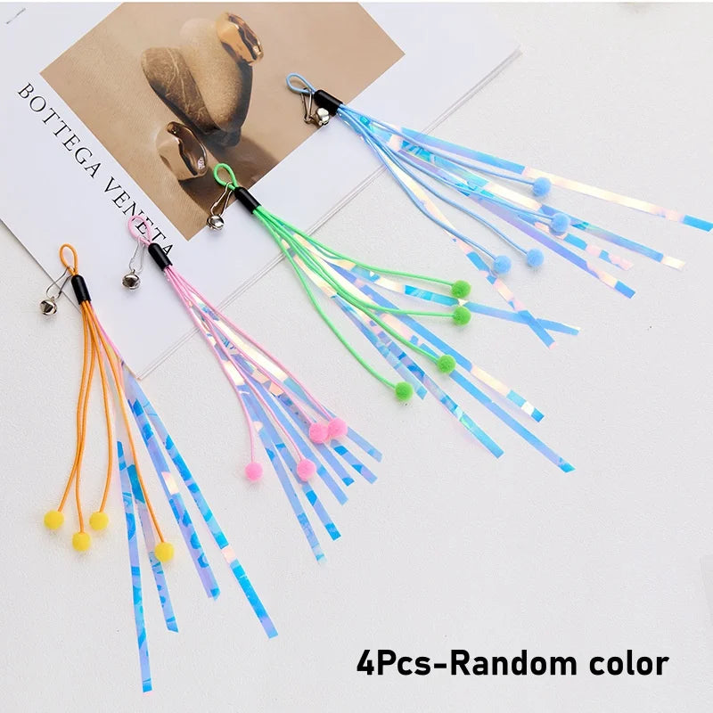 Cat Wand Toy Replacement – Bell, Foil Tassel & Ribbon Teaser Cat Teaser Toy Peaceful Pleasures Health and Wellness 4Pcs-Random color