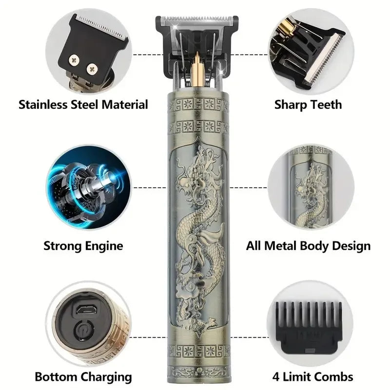 Vintage T9 Electric Hair Clipper Professional Men's Rechargeable Barber Trimmer for Men Dragon Buddha Design Peaceful Pleasures Health and Wellness