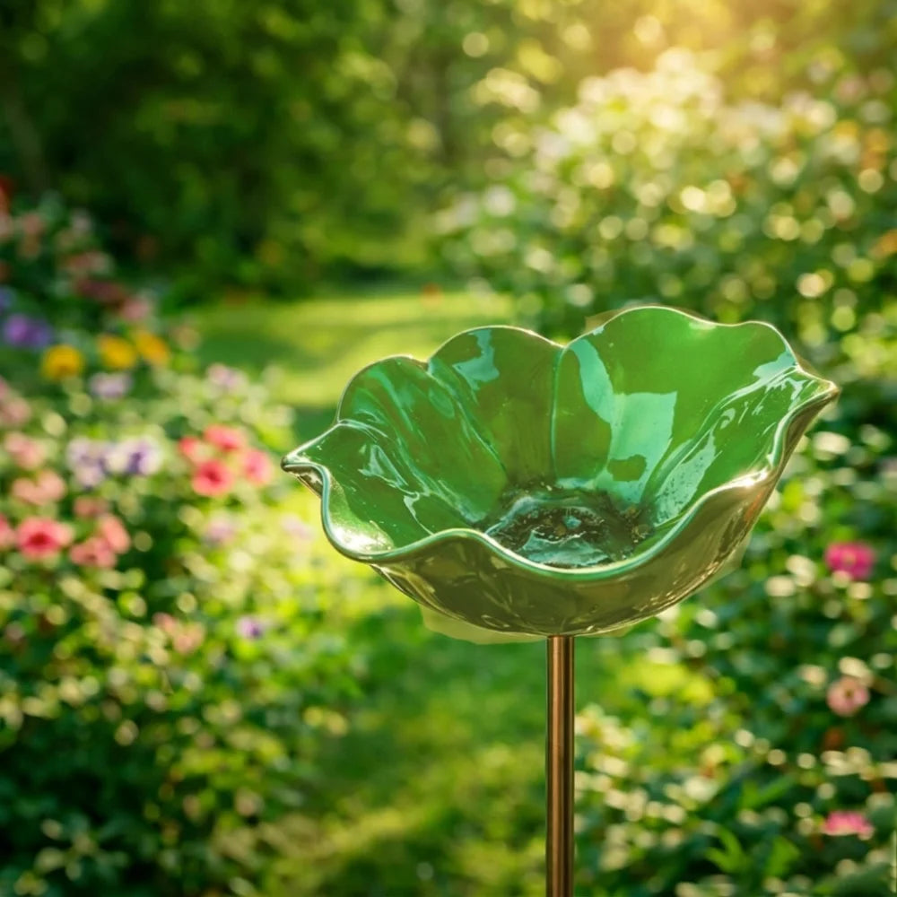 Handcrafted Metal Flower Garden Stake & Bird Bath | UV Resistant