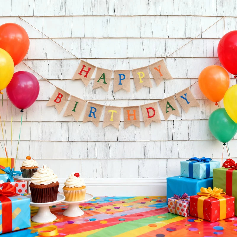 Rustic Rainbow Happy Birthday Burlap Banner Party Bunting Party Banner Peaceful Pleasures Health and Wellness